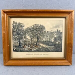 Currier & Ives American Homestead Autumn Vintage Framed Lithograph Print 9.5x7.5